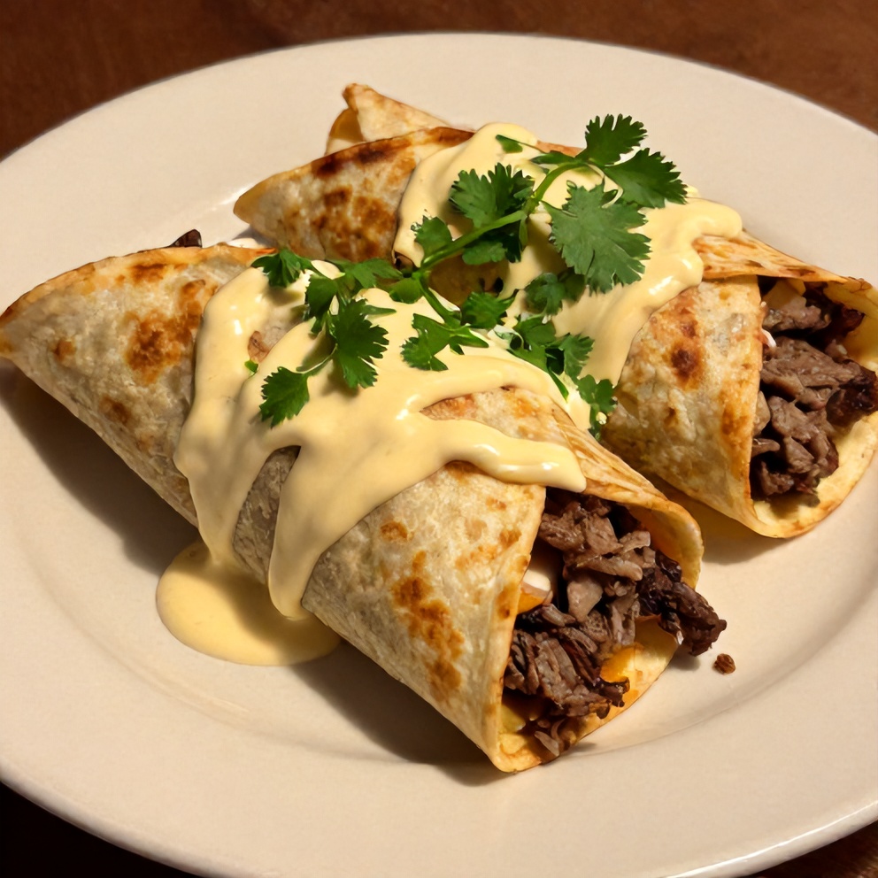 Plated keto beef crunchwrap with creamy cheesy sauce and fresh lettuce