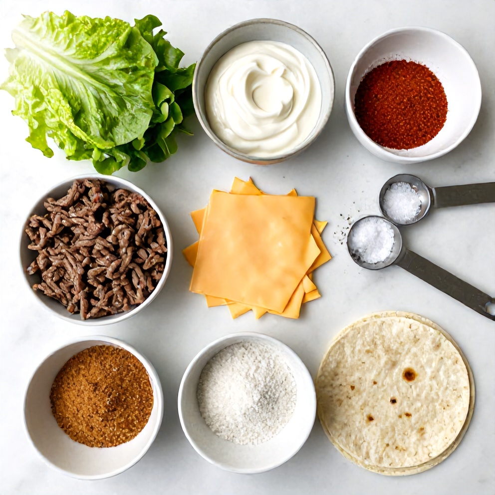 Raw ingredients for keto beef crunchwraps: ground beef, lettuce, cheese, tortillas, and seasonings