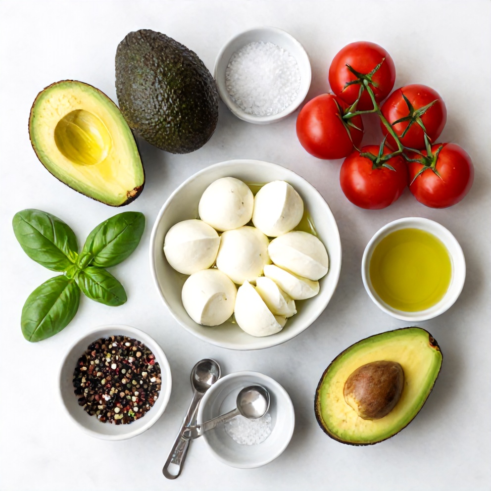 Avocado, mozzarella, tomatoes, basil, olive oil, salt, and pepper on a white marble surface