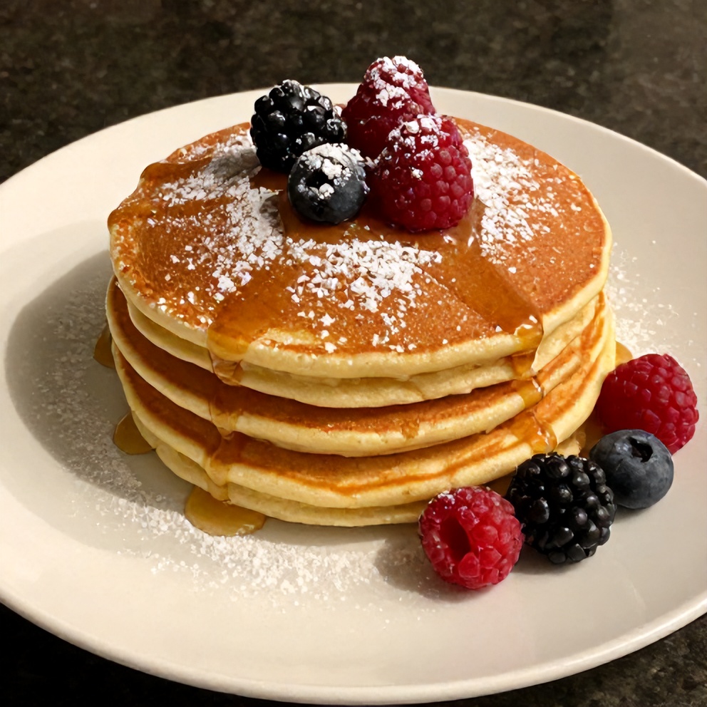 Plated keto coconut flour pancakes with fresh berries and a drizzle of sugar-free syrup