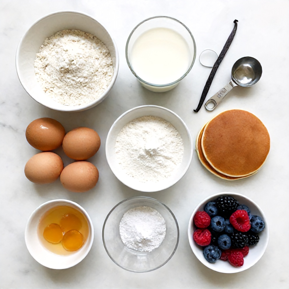 Coconut flour, eggs, almond milk, fresh berries, and other ingredients for keto pancakes
