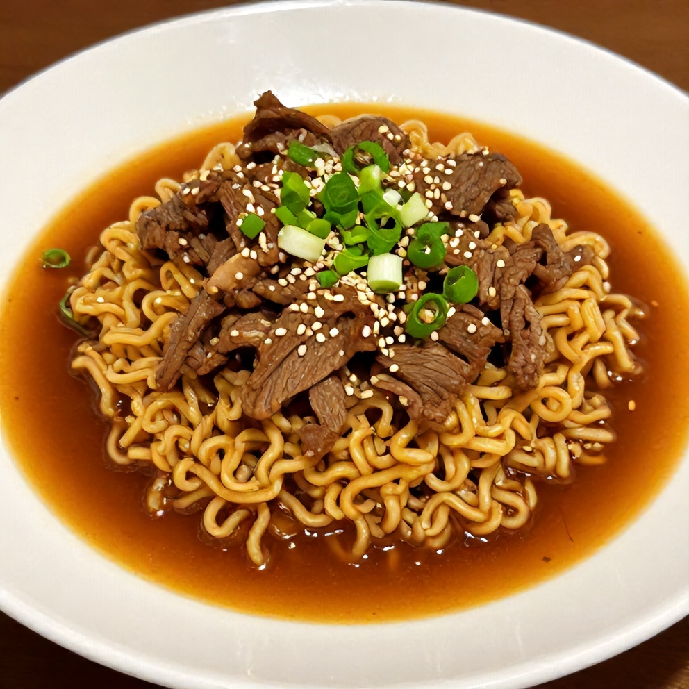 One perfect plated serving of Korean Beef Ramen on a white plate, garnished with green onions.