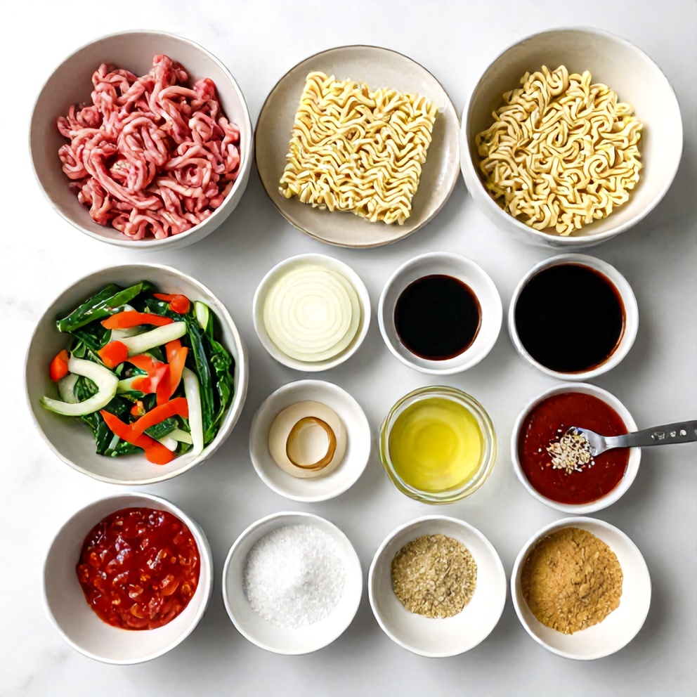 Raw ingredients for Korean Beef Ramen arranged in an overhead flat lay, including ground beef, ramen noodles, and vegetables.