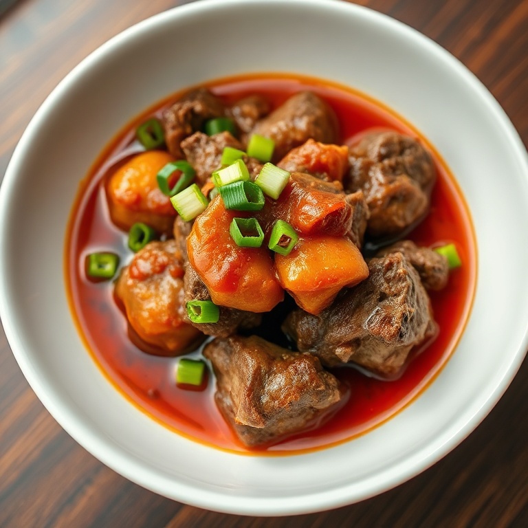 One serving of Korean pot roast with spicy gochujang sauce, garnished with sliced green onions. Served on a large white shallow bowl. Warm side lighting highlights tender beef and glossy sauce. Photorealistic close-up.