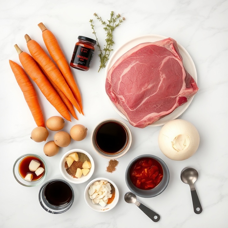 All raw ingredients for Korean pot roast: beef chuck roast, carrots, potatoes, onion, gochujang, and soy sauce arranged on a marble surface with prep bowls, measuring cups, and spoons. Bright, natural light, photorealistic overhead flat lay.