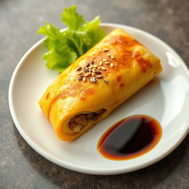Perfectly plated Korean rolled omelette on a white ceramic plate, garnished with sesame seeds and a side of soy sauce.