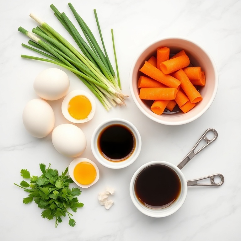 Raw ingredients for Korean rolled omelette: eggs, green onions, carrots, soy sauce, sesame oil, and a whisk.
