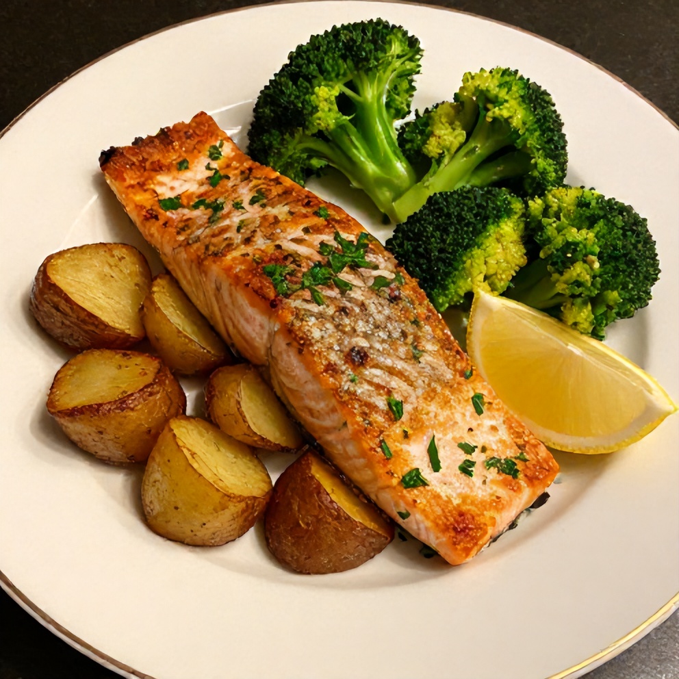 Easy Lemon Butter Salmon with Crispy Potatoes and Broccoli plated
