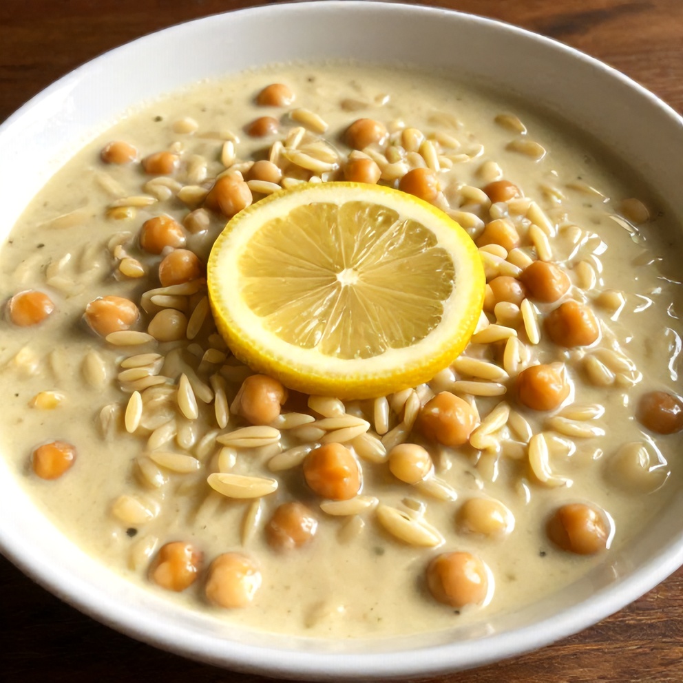 One perfect serving of Lemon Chickpea Orzo Soup plated with a lemon slice garnish