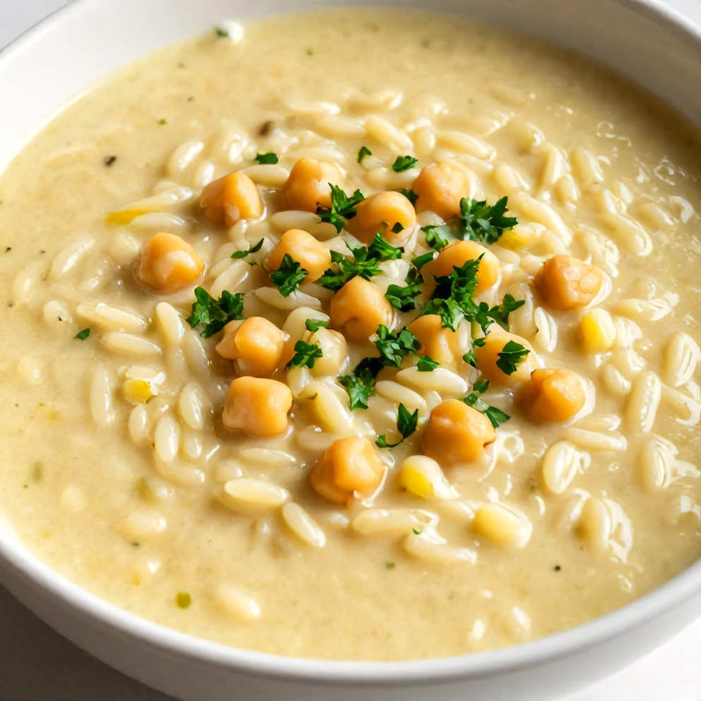 Lemon Chickpea Orzo Soup served in a bowl with a sprinkle of parsley