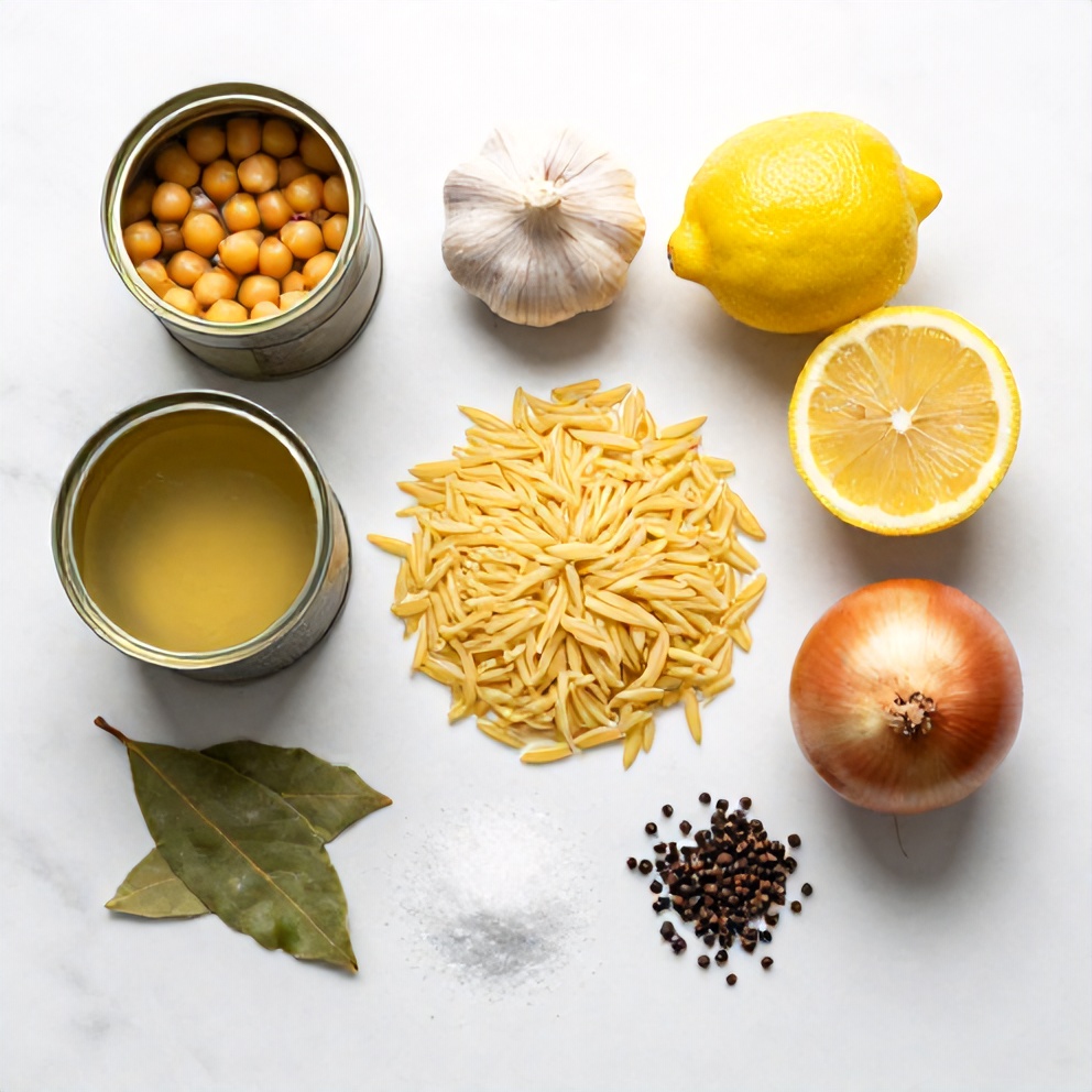 Raw ingredients for Lemon Chickpea Orzo Soup in an overhead flat lay, including chickpeas, orzo, lemon, and garlic