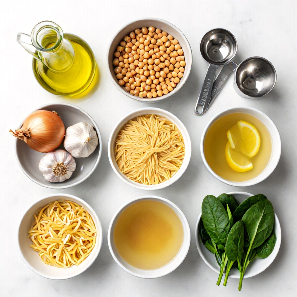 Raw ingredients for Lemon Chickpea Orzo Soup on a wooden surface