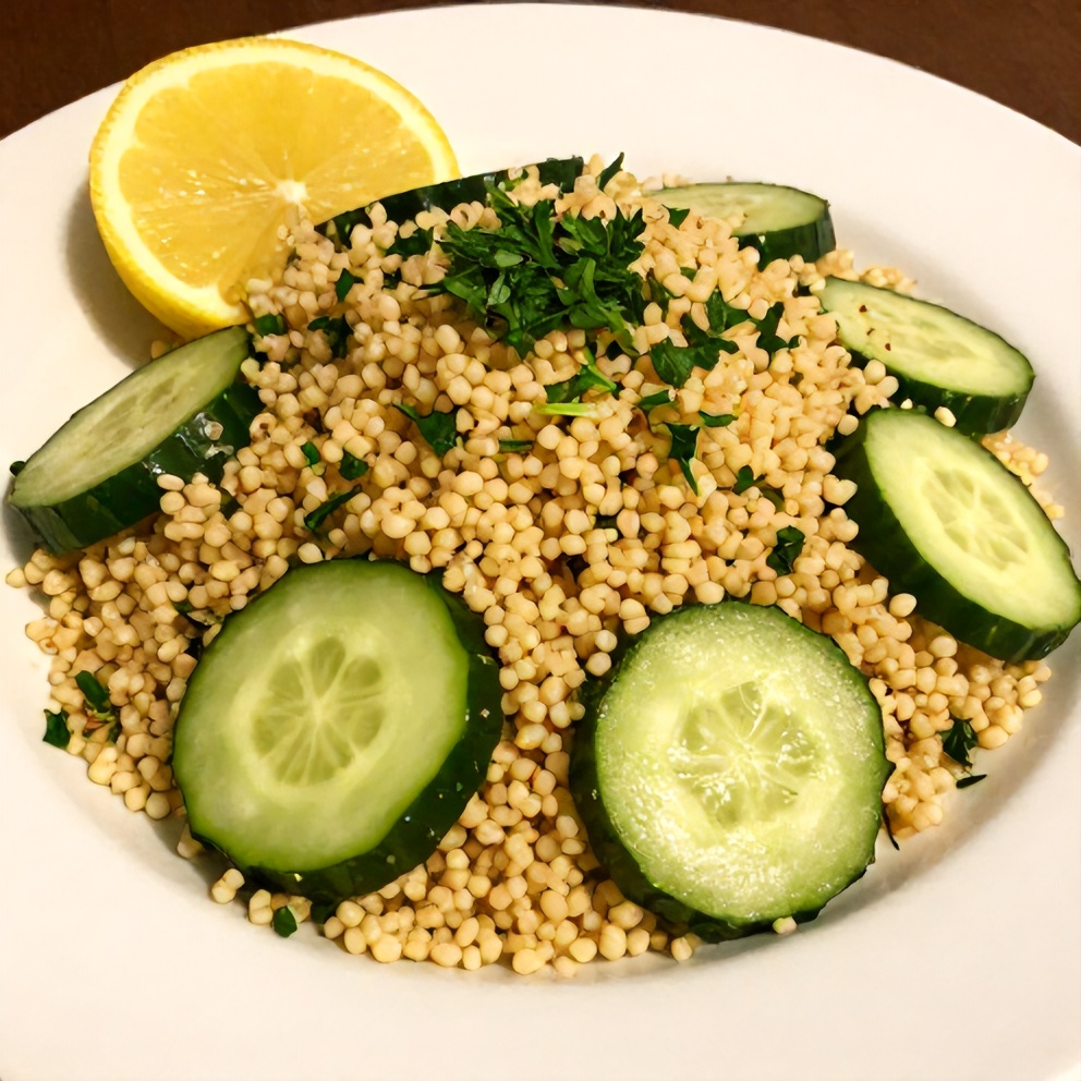 Plated lemon cucumber couscous salad with a lemon wedge
