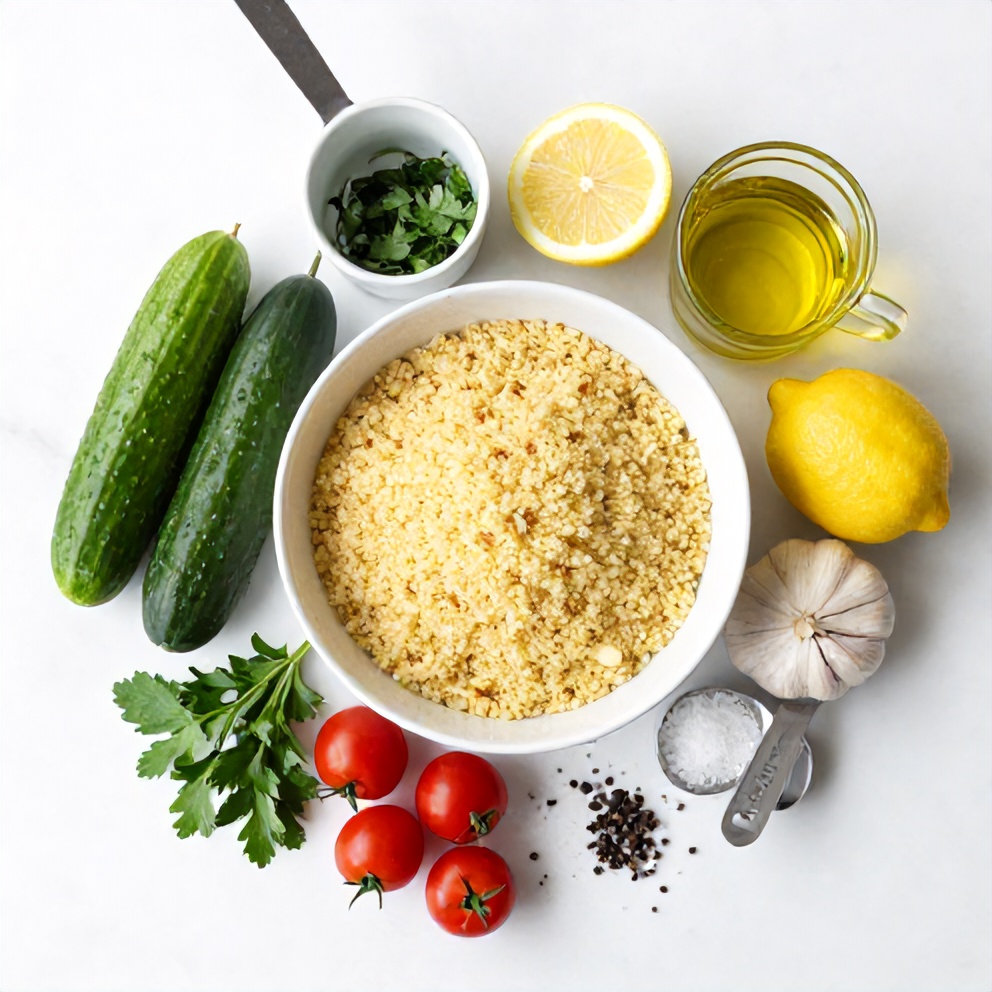 Raw ingredients for lemon cucumber couscous salad