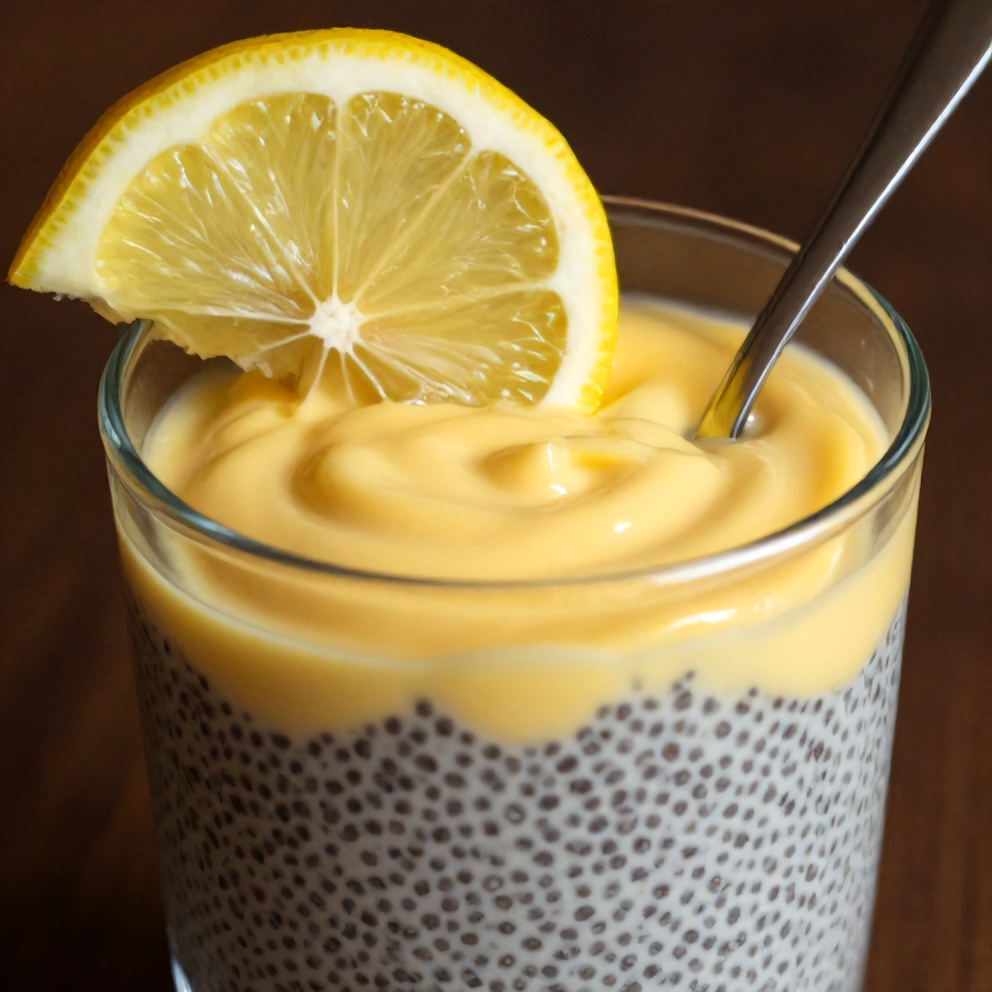 Lemon Curd Chia Pudding served in a glass with a lemon slice