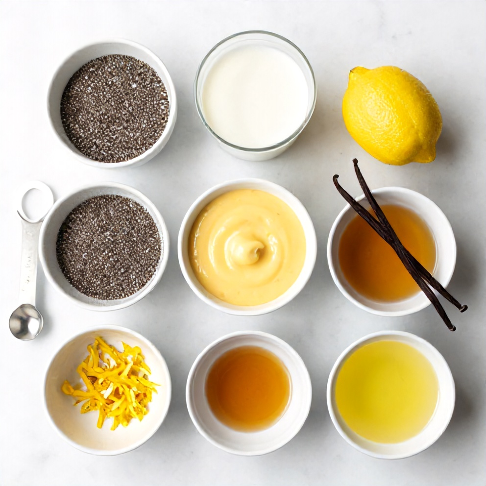 Ingredients for Lemon Curd Chia Pudding laid out on a wooden surface