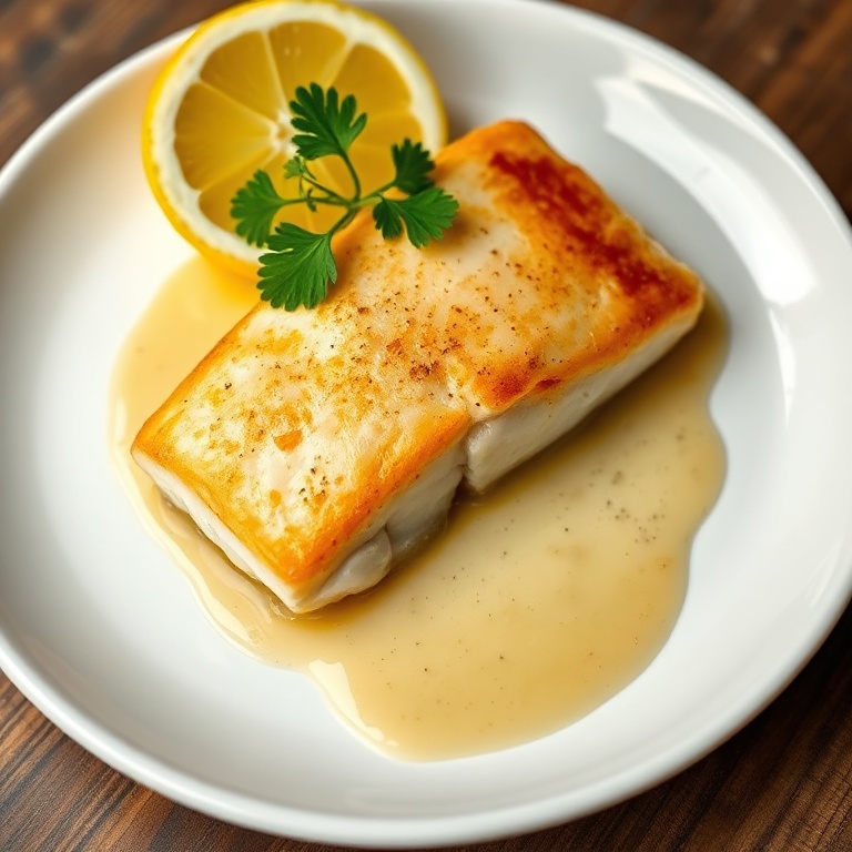 Close shot of lemon garlic mahi mahi garnished with fresh parsley and a lemon wedge, on a round white dinner plate under warm lighting.
