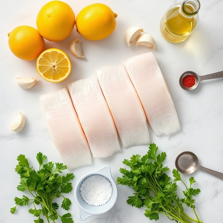 Flat lay showing mahi mahi fillets, fresh lemons, garlic cloves, parsley, and olive oil, arranged on a white marble surface in prep bowls.