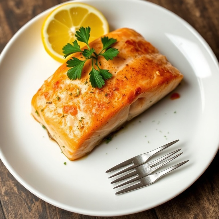 One serving of golden lemon garlic salmon topped with parsley and lemon slices, plated on a round white dish with warm side lighting.
