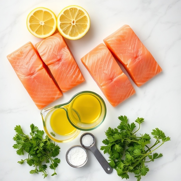 Overhead flat lay of raw salmon fillets, lemons, garlic cloves, olive oil, and fresh parsley on a white marble surface with prep bowls.