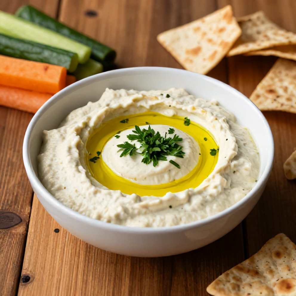 Lemon Herb White Bean Dip served with veggies and pita chips