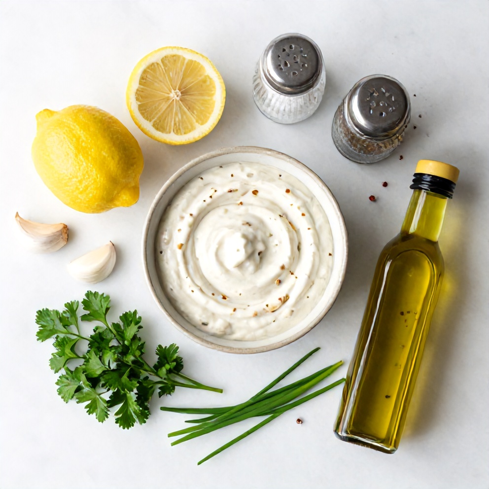 White beans, lemon, garlic, herbs, and olive oil arranged on a wooden board