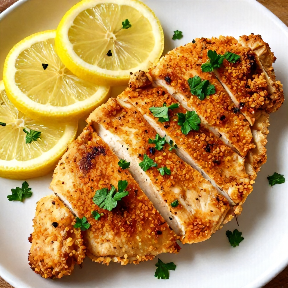 Plated Lemon Pepper Chicken Breasts with lemon slices