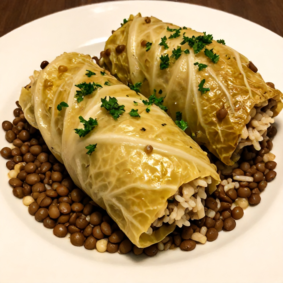 Plated lentil and rice stuffed cabbage rolls with a side of greens