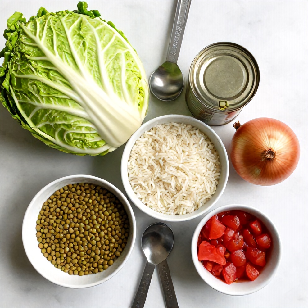 Ingredients for lentil and rice stuffed cabbage rolls on a marble surface