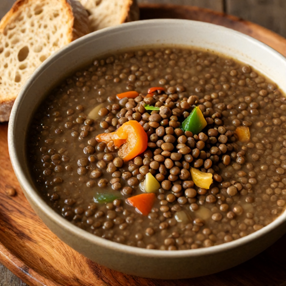 Bowl of Lentil and Vegetable Soup with a side of bread
