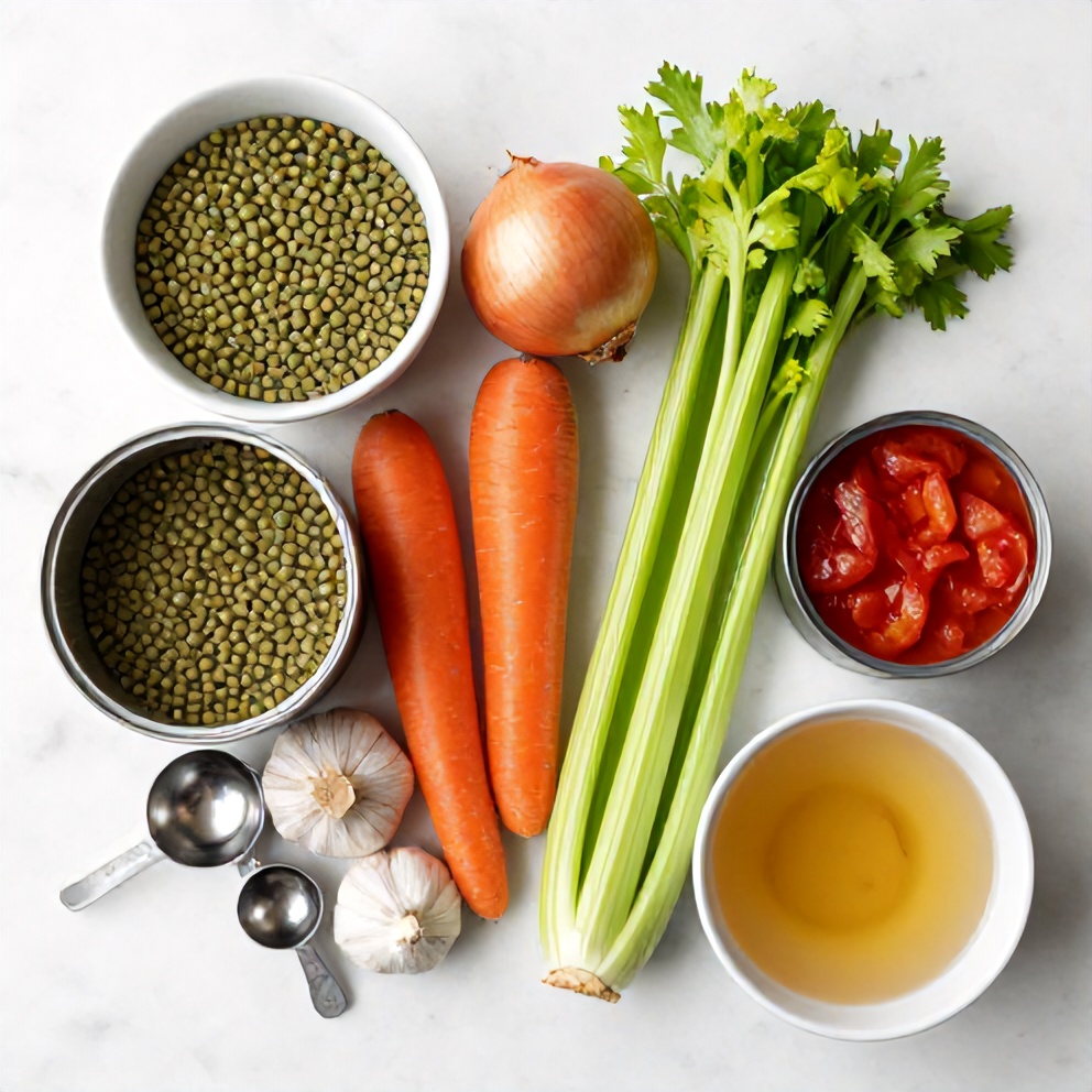 Raw ingredients for Lentil and Vegetable Soup