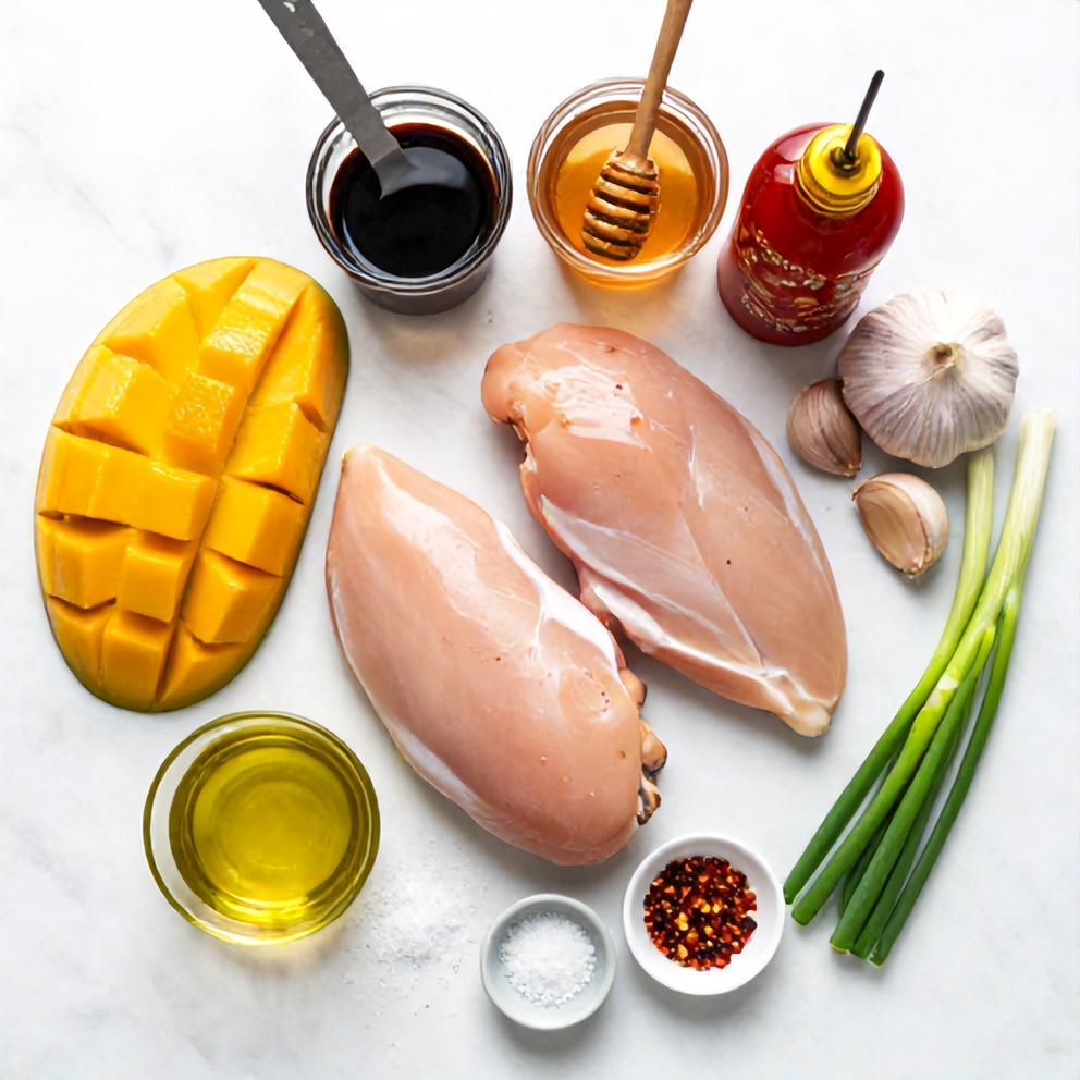 Raw ingredients for Mango Glazed Chicken on a white marble surface