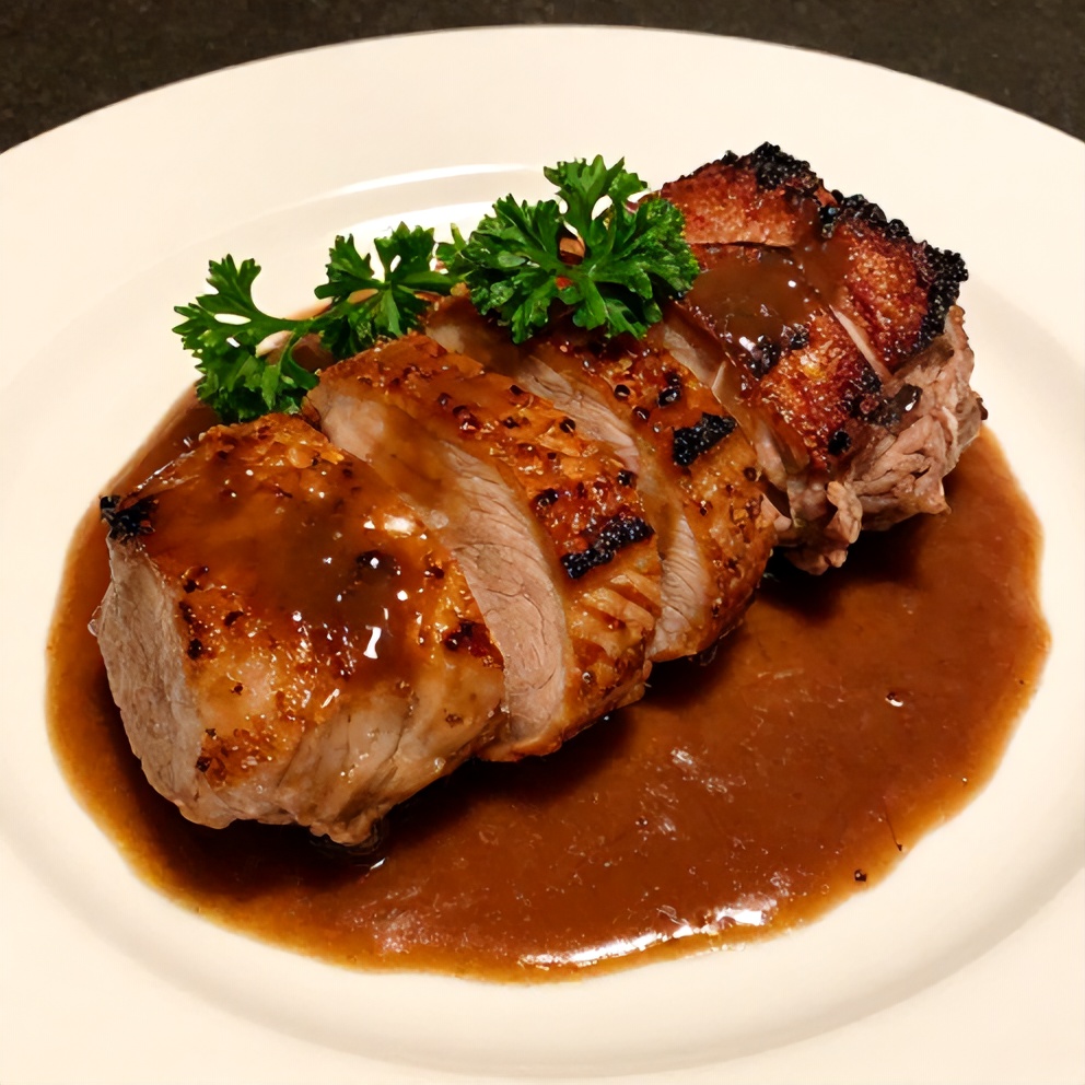 Plated Maple Dijon Pork Tenderloin with fresh herbs