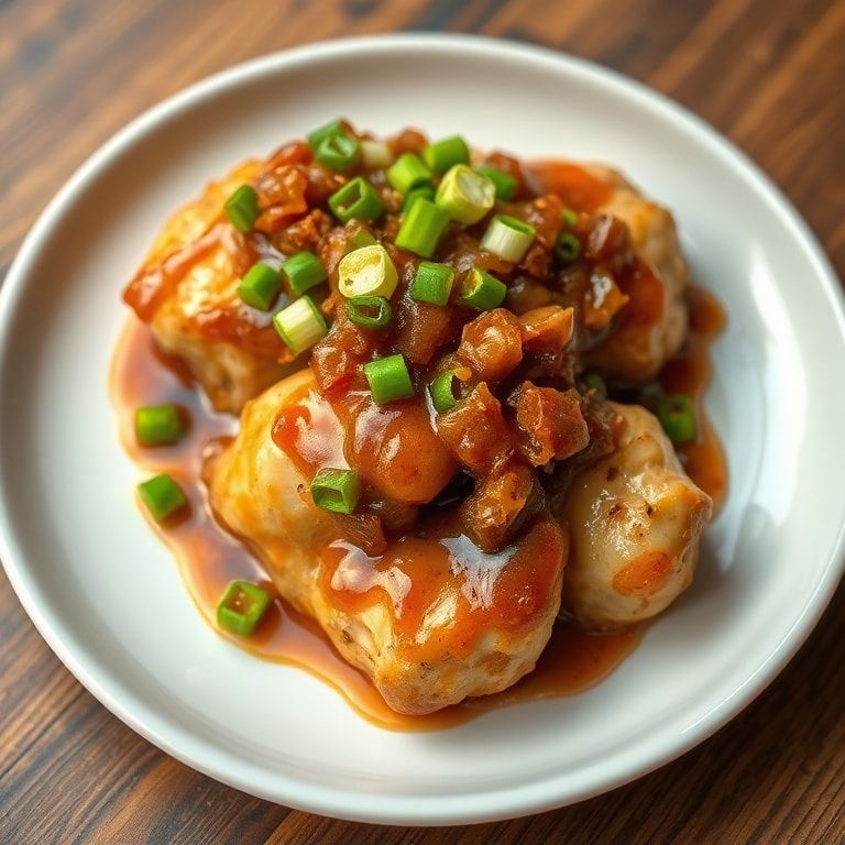 One plated serving of marinated chicken thighs under onion sauce, garnished with sliced green onions, on a shallow white ceramic plate with warm lighting.