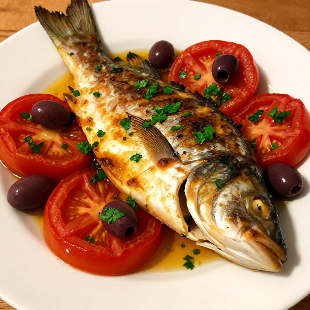 Perfectly baked Mediterranean fish with tomatoes and olives on a plate