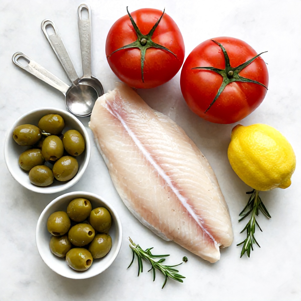 Raw ingredients for Mediterranean baked fish, including fish fillets, tomatoes, olives, lemon, and herbs