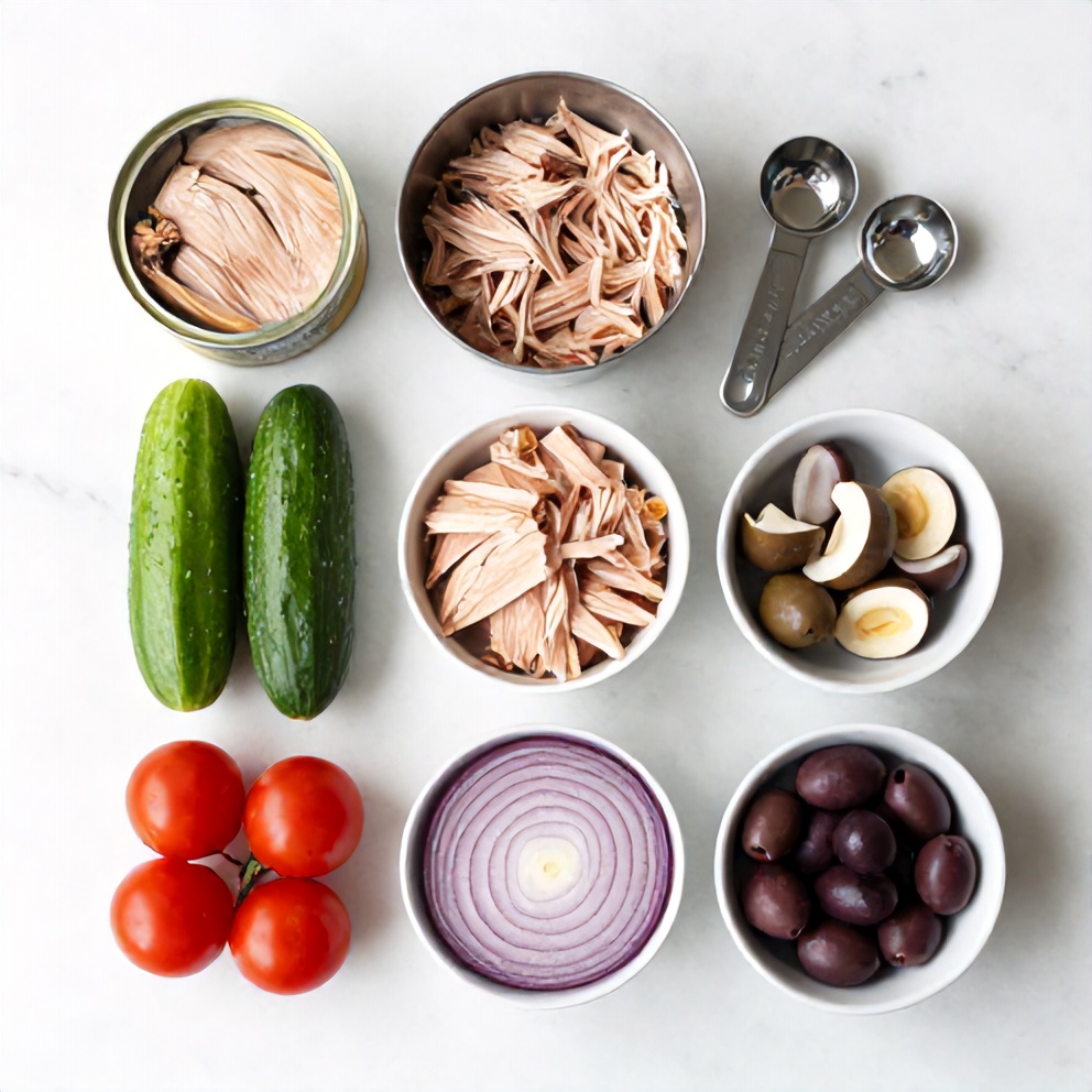 Mediterranean Tuna Salad ingredients flat lay