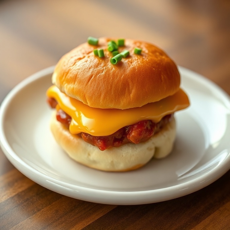 One plated easy mini chili cheese dog slider on a white plate, garnished with chopped chives, with melty cheese and chili oozing from the sides.