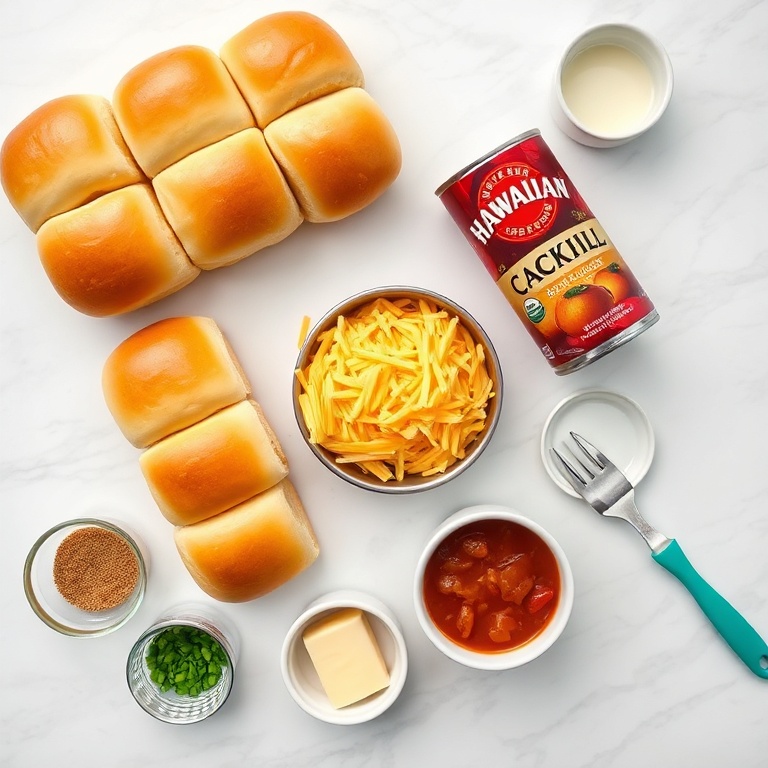 Overhead shot with mini slider buns, cocktail hot dogs, shredded cheddar cheese, canned chili, and melted butter arranged with prep bowls and measuring cups.