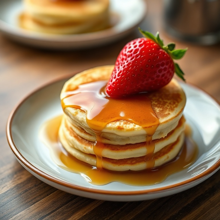 Perfectly plated mini German pancakes with a drizzle of maple syrup and a fresh strawberry on top