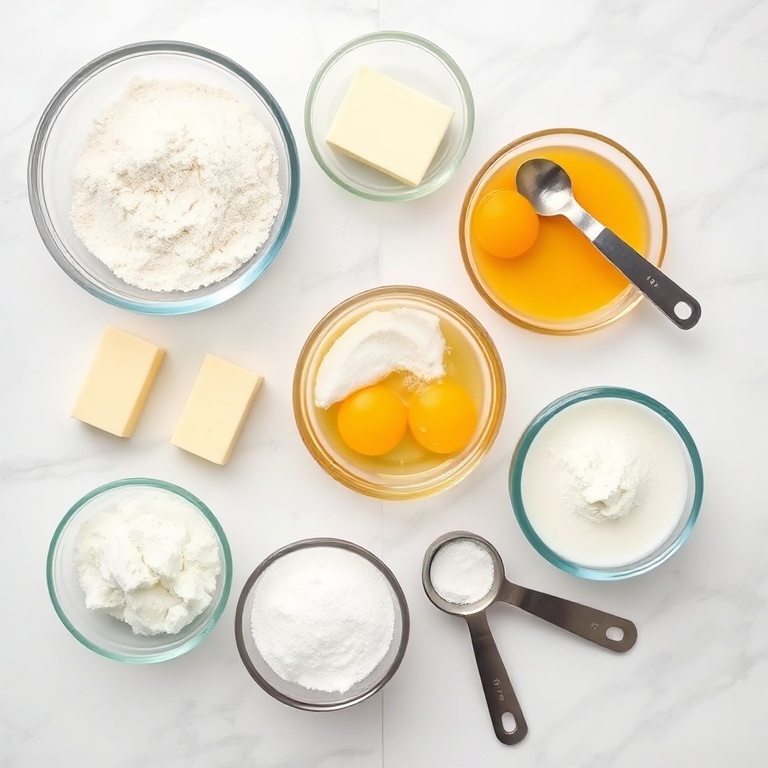 All raw ingredients for mini German pancakes arranged in a flat lay including flour, butter, eggs, milk, and baking powder