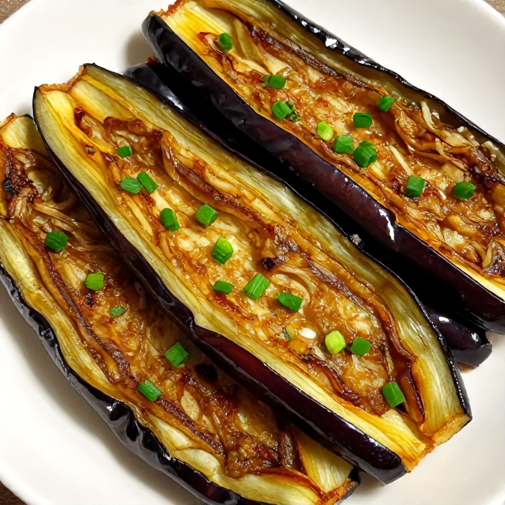 Plated Miso Glazed Eggplant with green onions