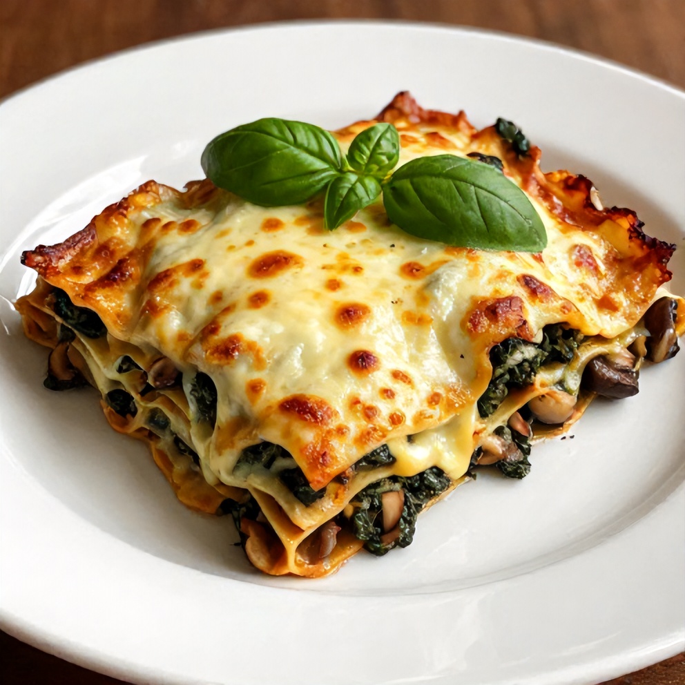 One perfect plated serving of Mushroom Spinach Lasagna on a white plate, garnished with fresh basil, close crop, warm side lighting showing melty cheese and crispy edges, photorealistic food photography.