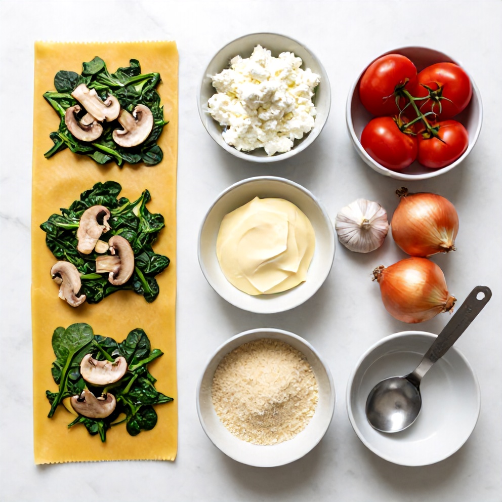 Overhead flat lay of raw ingredients for Mushroom Spinach Lasagna: lasagna noodles, spinach, mushrooms, ricotta, mozzarella, parmesan, garlic, onion, canned tomatoes, measuring spoons and bowls, white marble surface, bright even light.