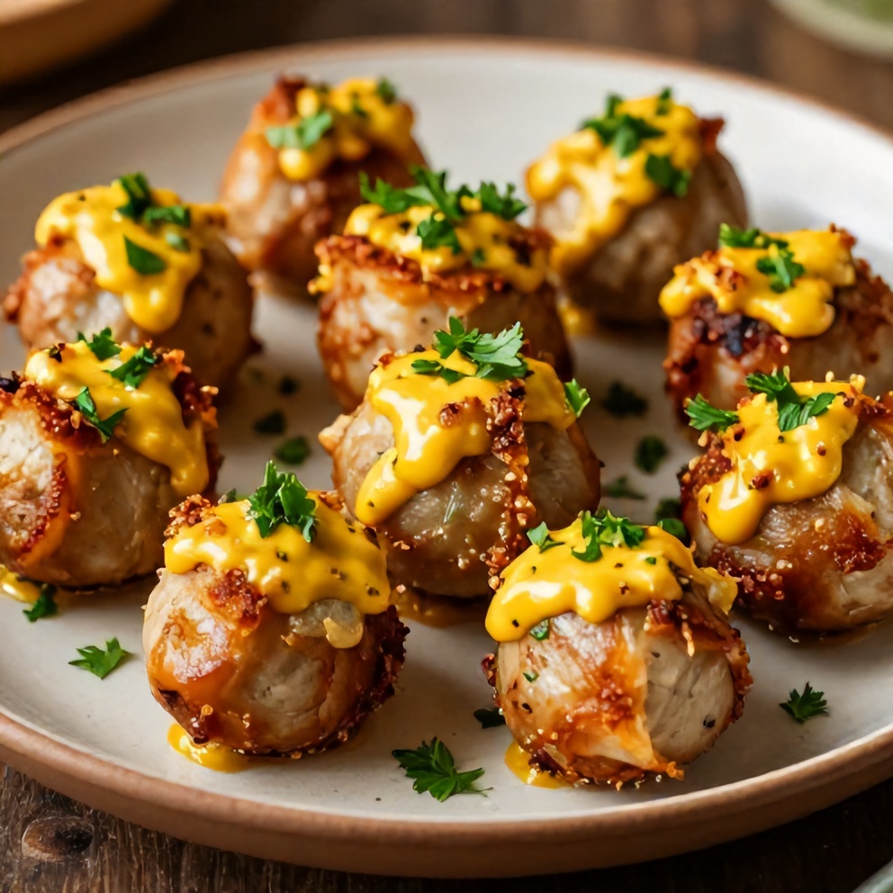 Plated mustard hasselback kielbasa bites on a rustic plate