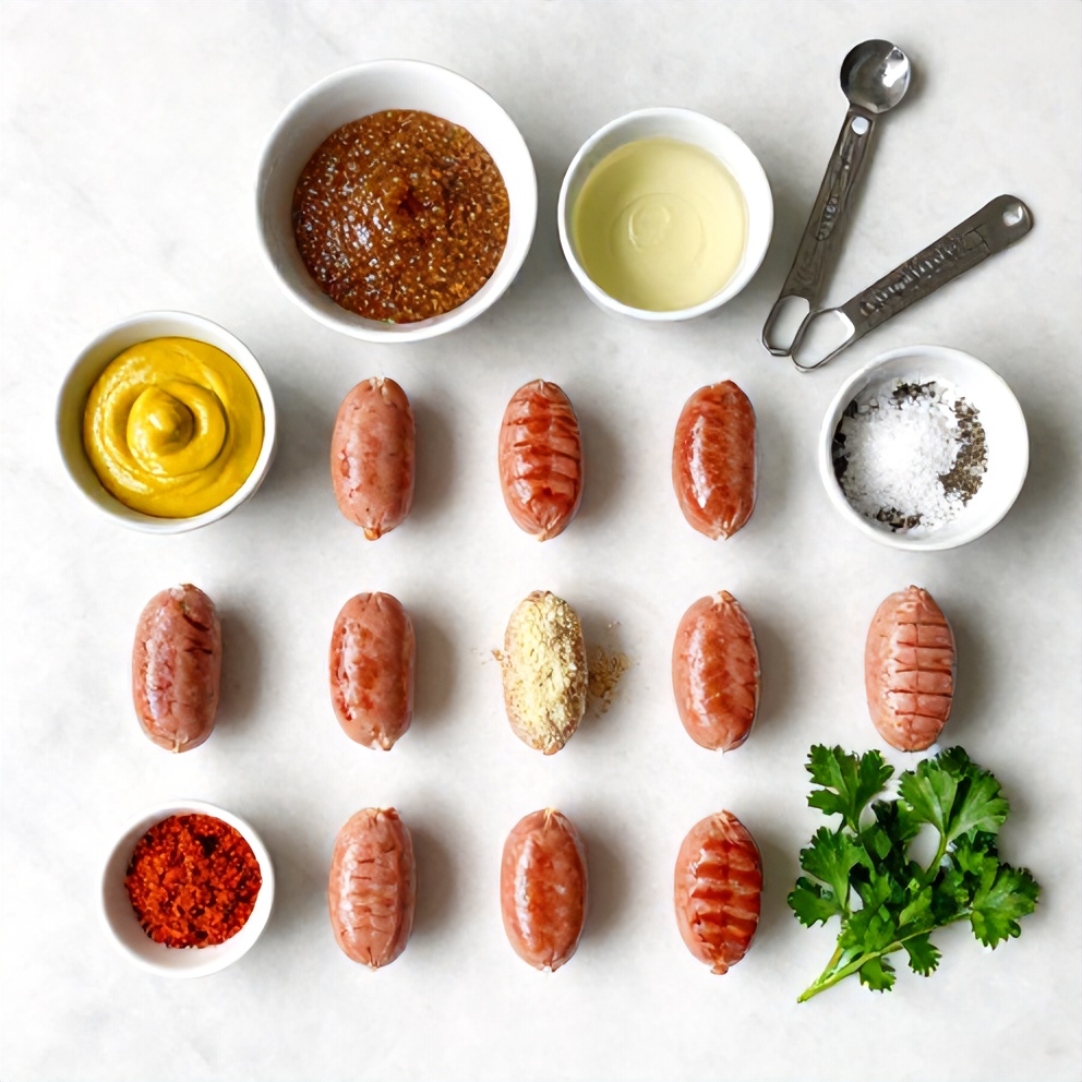 Raw ingredients for hasselback kielbasa bites on a white marble surface