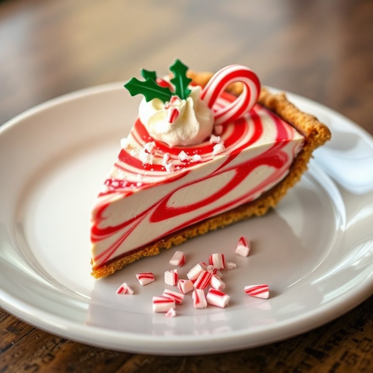 A perfectly plated no-bake candy cane pie with a red and white swirl and a festive garnish