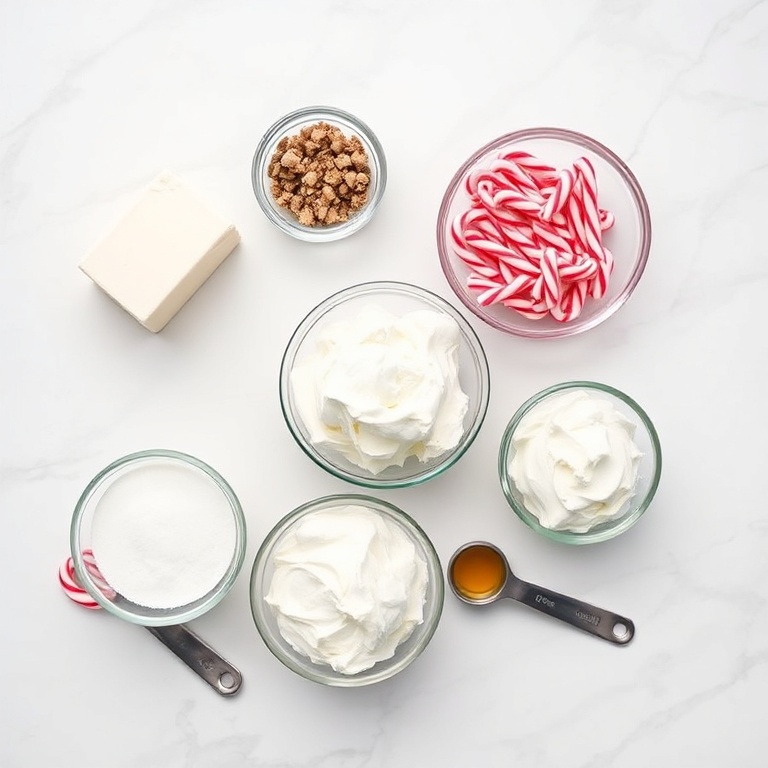 All ingredients for no-bake candy cane pie arranged in a flat lay with measuring tools