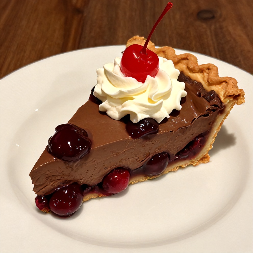 Sliced No-Bake Chocolate Cherry Cream Pie on a plate