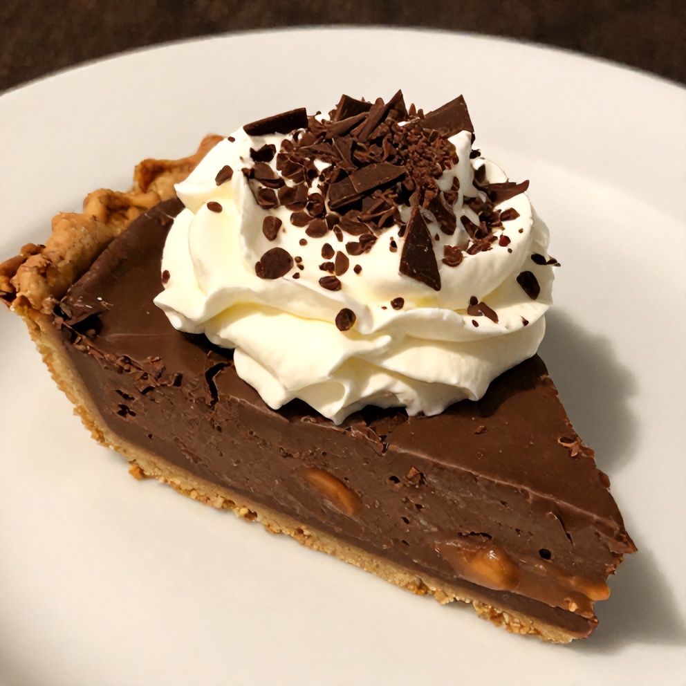 Sliced No-Bake Chocolate Peanut Butter Pie on a plate with whipped cream